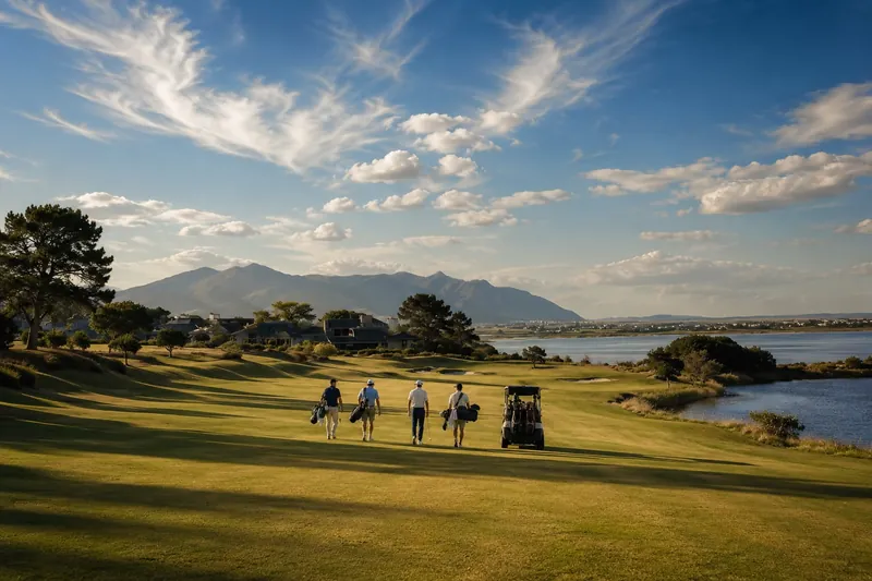 Four golfers walk a green fairway toward the water, with mountains under a wide blue sky.