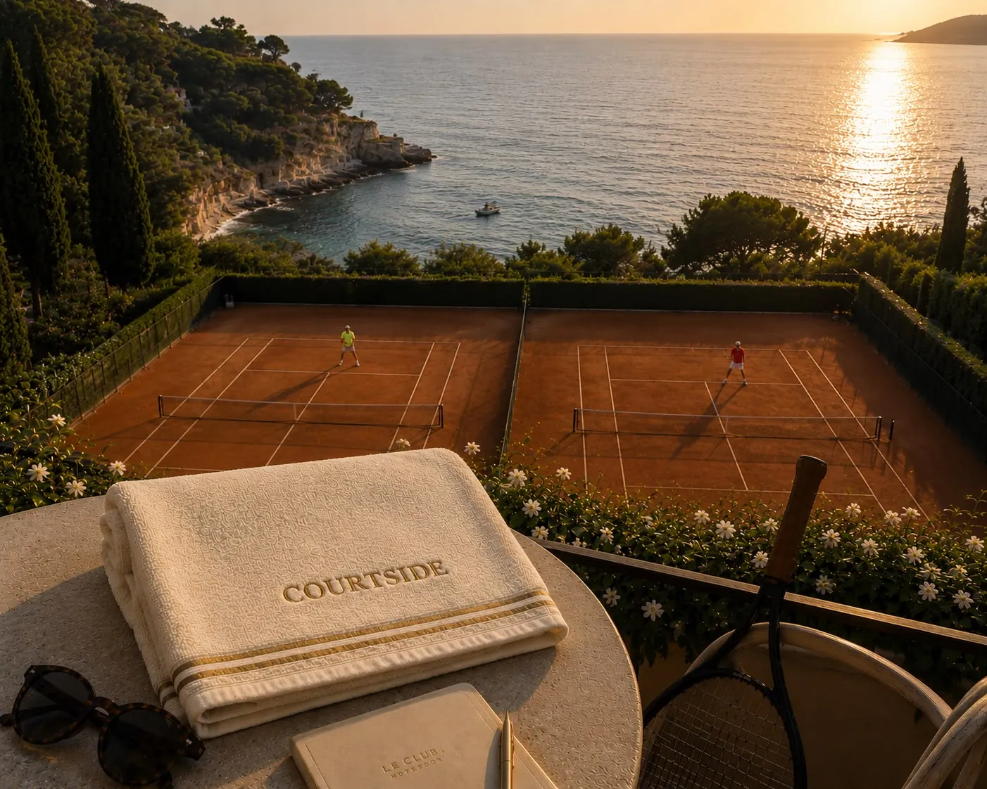 A folded towel embroidered with COURTSIDE on a terrace table above clay tennis courts at sunset.