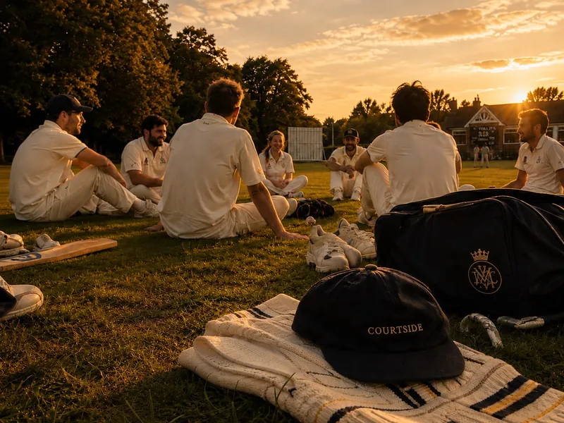 Cricketers in whites resting on the grass after play in evening sun, a navy Courtside cap beside them.
