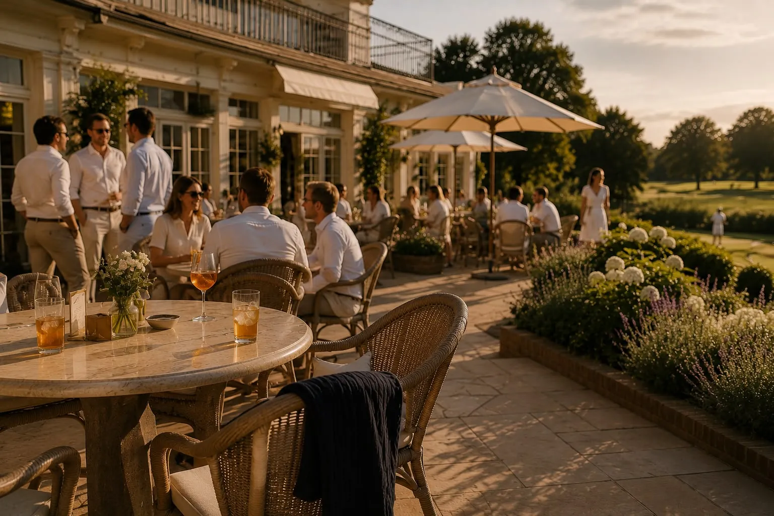 A clubhouse terrace in late golden light: people in white shirts talk around marble tables, with iced drinks in the foreground.